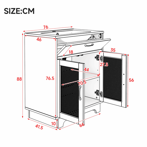 Móvel de casa de banho com lavatório 76x46x88 cm - resistente à humidade, gavetas com sistema de abertura suave, porta dupla com fecho suave, pés altos com detalhes em rattan, lavatório em cerâmica - cor natural