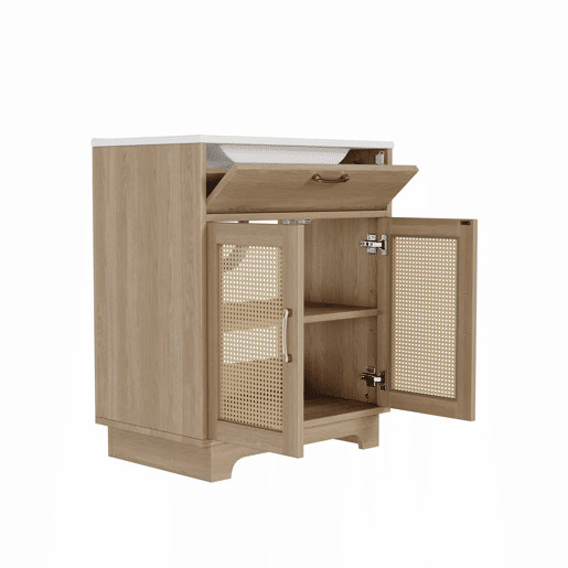 Móvel de casa de banho com lavatório 76x46x88 cm - resistente à humidade, gavetas com sistema de abertura suave, porta dupla com fecho suave, pés altos com detalhes em rattan, lavatório em cerâmica - cor natural