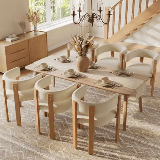 Conjunto de 6 cadeiras de jantar - ergonómicas, almofadadas, com pés em ferro, design em madeira - BegeNatural