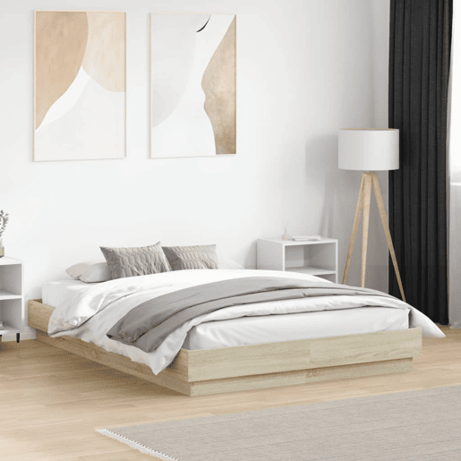 Estrutura de Cama de casal moderno com luzes LED 135x190 cm carvalho sonoma