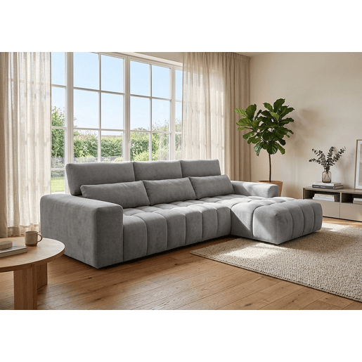 Sofá executivo com chaise longue, cor G-Bronze, ,313 cm, cinza, chaise à direita.