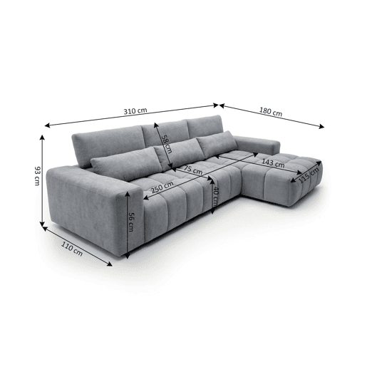 Sofá executivo com chaise longue, cor G-Bronze, ,313 cm, cinza, chaise à direita.