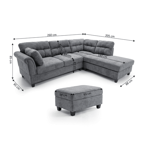 Sofá de canto feminino + pufe ,260cm, cinza, chaise à direita