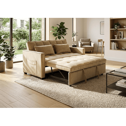 Sofá-cama de casal Osaka bege, ,137 cm, veludo bege