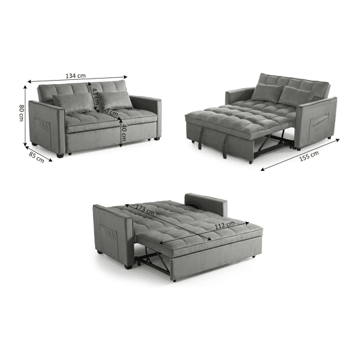 Sofá-cama de casal Paulo, ,134 cm, cinza em veludo.