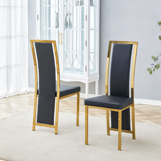 Cadeiras de sala de jantar 2 unidades - 109 cm - Minimalistas, PU preto + estrutura metálica dourada - Preto+Dourado