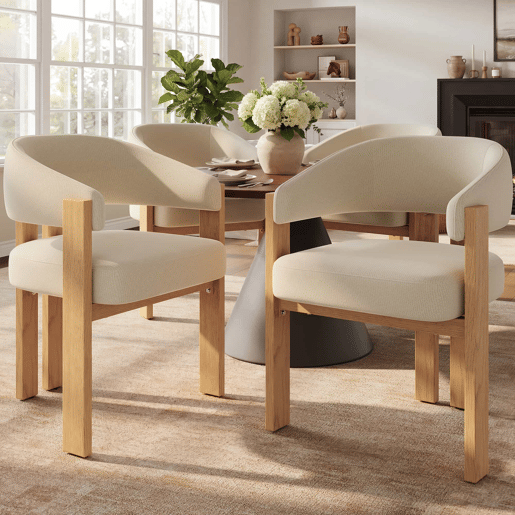 Cadeira de jantar ergonómica (4 unidades) u2013 estofada, pés em ferro, design em madeira u2013 bege, natural Cadeira de jantar ergonómica (4 unidades) u2013 estofada, pés em ferro, design em madeira u2013 bege, natural