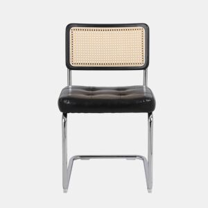 Cadeiras de sala de jantar 2 unidades - Rattan, encosto em malha, assento acolchoado, pernas cromadas - Preto