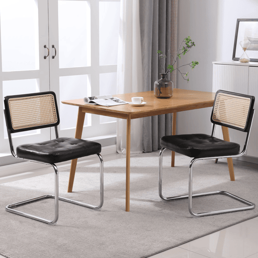 Cadeiras de sala de jantar 2 unidades - Rattan, encosto em malha, assento acolchoado, pernas cromadas - Preto