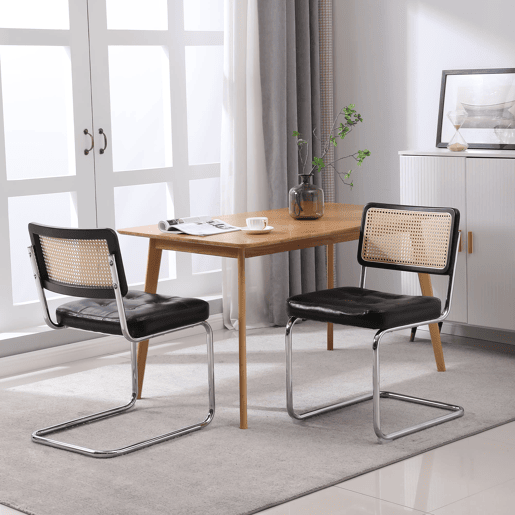 Cadeiras de sala de jantar 2 unidades - Rattan, encosto em malha, assento acolchoado, pernas cromadas - Preto