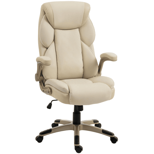 HOMCOM Cadeira de Escritório com Massagem Vibratória de 4 Pontos e Aquecimento Lombar, Cadeira Giratória de PU com Braços Rebatíveis, Encosto Alto, Altura Ajustável, Função de Oscilação, Creme