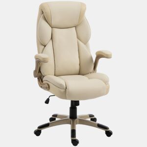 HOMCOM Cadeira de Escritório com Massagem Vibratória de 4 Pontos e Aquecimento Lombar, Cadeira Giratória de PU com Braços Rebatíveis, Encosto Alto, Altura Ajustável, Função de Oscilação, Creme