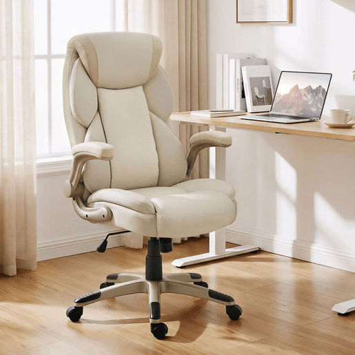 HOMCOM Cadeira de Escritório com Massagem Vibratória de 4 Pontos e Aquecimento Lombar, Cadeira Giratória de PU com Braços Rebatíveis, Encosto Alto, Altura Ajustável, Função de Oscilação, Creme