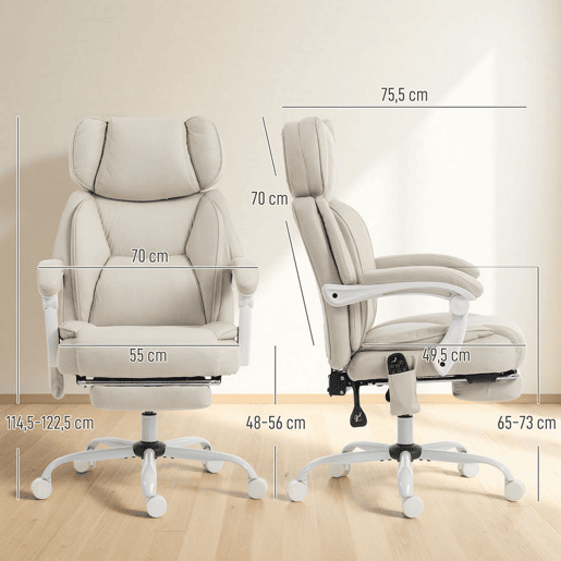 HOMCOM Cadeira de Escritório com Massagem Vibratória de 4 Pontos e Aquecimento Lombar, Cadeira Giratória de PU com Braços Rebatíveis, Encosto Alto, Altura Ajustável, Função de Oscilação, Creme