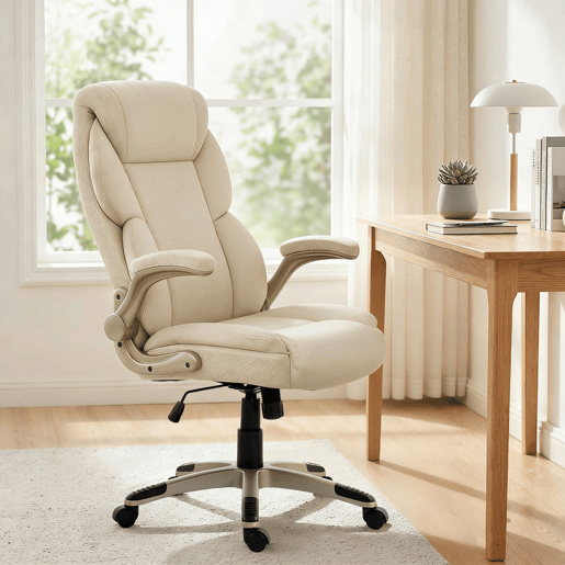 HOMCOM Cadeira de Escritório com Massagem Vibratória de 4 Pontos e Aquecimento Lombar, Cadeira Giratória de PU com Braços Rebatíveis, Encosto Alto, Altura Ajustável, Função de Oscilação, Creme
