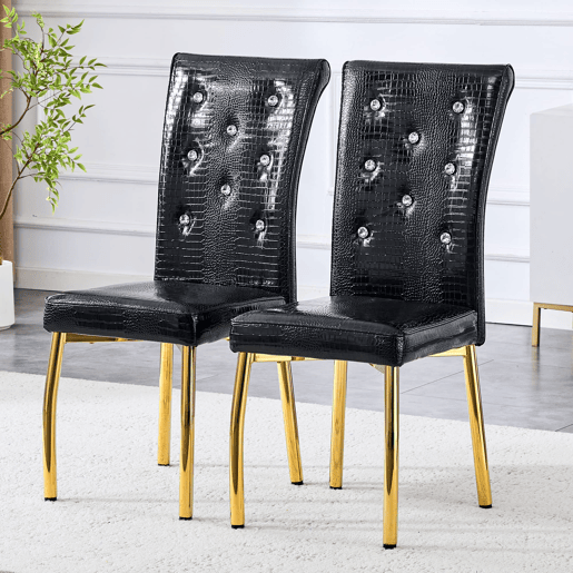 Cadeiras de sala de jantar 2 unidades - Retro pele de crocodilo acolchoadas, fivela de cristal - Preto, Dourado