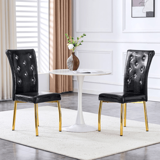 Cadeiras de sala de jantar 2 unidades - Retro pele de crocodilo acolchoadas, fivela de cristal - Preto, Dourado