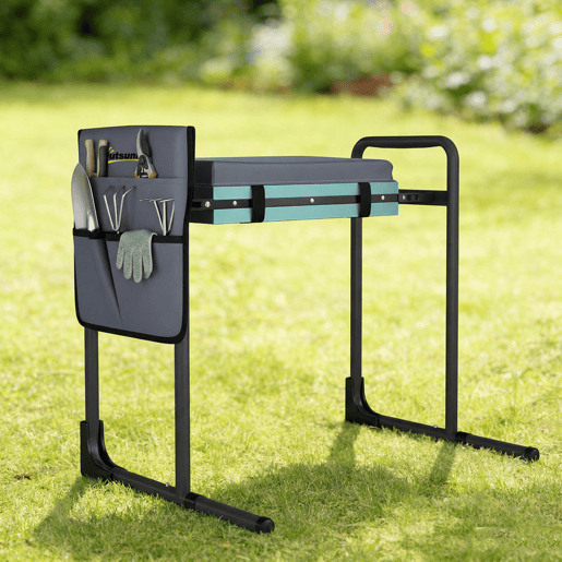 Outsunny Banco de Jardim Dobrável com Almofada de Espuma EVA Assento de Jardim Portátil com Bolsa para Ferramentas Pernas Extensíveis Carga 150kg Presente para Jardineiros Idosos Cinzento Escuro