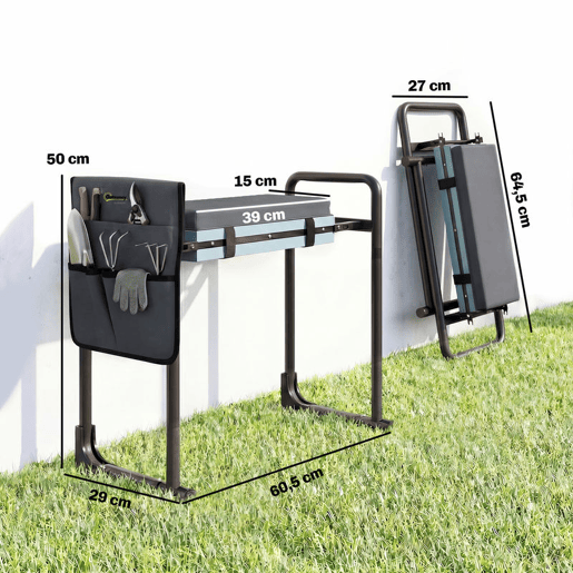 Outsunny Banco de Jardim Dobrável com Almofada de Espuma EVA Assento de Jardim Portátil com Bolsa para Ferramentas Pernas Extensíveis Carga 150kg Presente para Jardineiros Idosos Cinzento Escuro