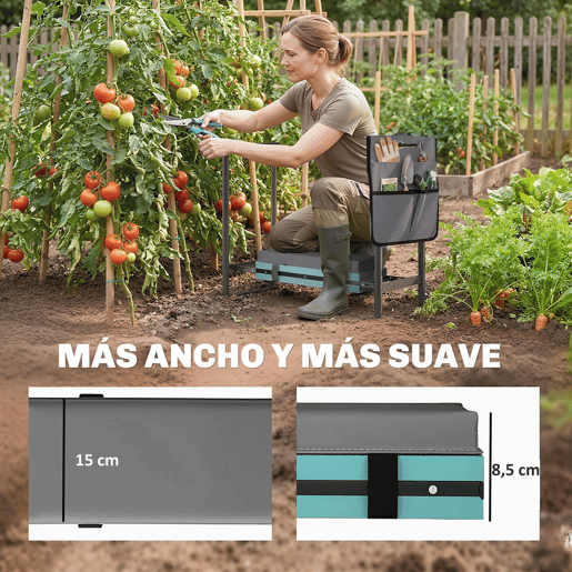 Outsunny Banco de Jardim Dobrável com Almofada de Espuma EVA Assento de Jardim Portátil com Bolsa para Ferramentas Pernas Extensíveis Carga 150kg Presente para Jardineiros Idosos Cinzento Escuro