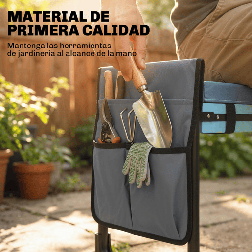 Outsunny Banco de Jardim Dobrável com Almofada de Espuma EVA Assento de Jardim Portátil com Bolsa para Ferramentas Pernas Extensíveis Carga 150kg Presente para Jardineiros Idosos Cinzento Escuro