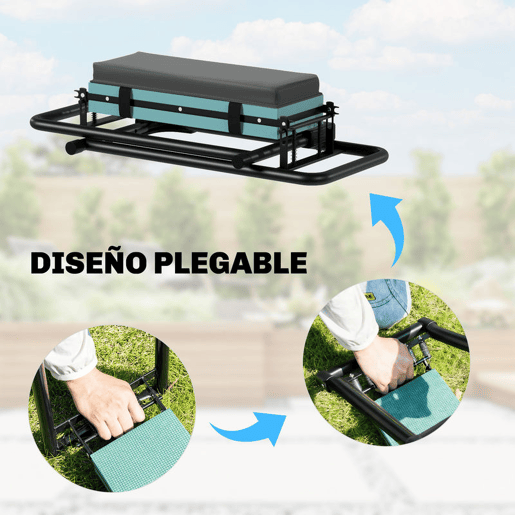 Outsunny Banco de Jardim Dobrável com Almofada de Espuma EVA Assento de Jardim Portátil com Bolsa para Ferramentas Pernas Extensíveis Carga 150kg Presente para Jardineiros Idosos Cinzento Escuro