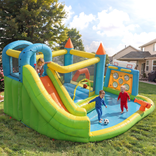 Castelo insuflável para crianças de tecido oxford com piscina,multicolor Castelo insuflável para crianças de tecido oxford com piscina,multicolor