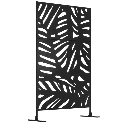 Outsunny Biombo de 3 Painéis 122x198 cm Biombo Separador de Ambientes com Suporte e Parafusos de Expansão Design de Folhas para Exterior Jardim Pátio Terraço Preto