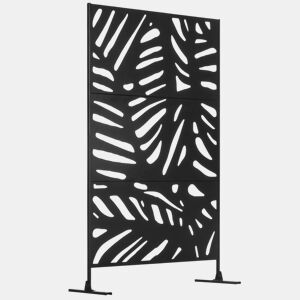 Outsunny Biombo de 3 Painéis 122x198 cm Biombo Separador de Ambientes com Suporte e Parafusos de Expansão Design de Folhas para Exterior Jardim Pátio Terraço Preto