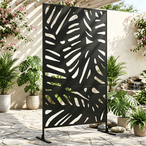 Outsunny Biombo de 3 Painéis 122x198 cm Biombo Separador de Ambientes com Suporte e Parafusos de Expansão Design de Folhas para Exterior Jardim Pátio Terraço Preto