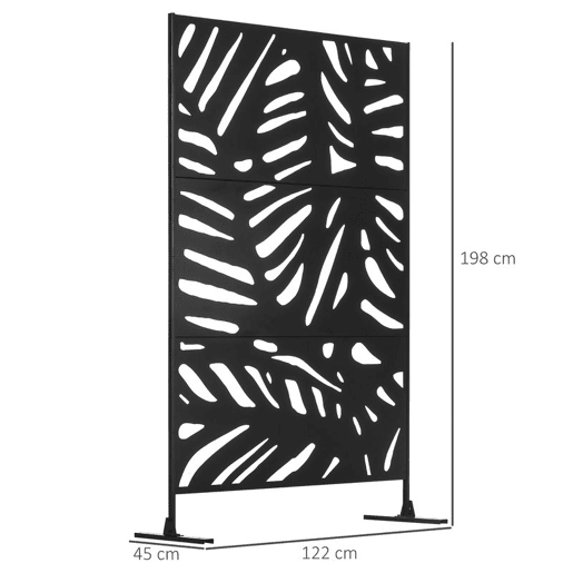 Outsunny Biombo de 3 Painéis 122x198 cm Biombo Separador de Ambientes com Suporte e Parafusos de Expansão Design de Folhas para Exterior Jardim Pátio Terraço Preto
