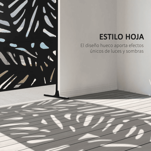 Outsunny Biombo de 3 Painéis 122x198 cm Biombo Separador de Ambientes com Suporte e Parafusos de Expansão Design de Folhas para Exterior Jardim Pátio Terraço Preto