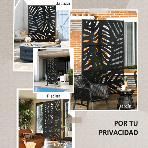 Outsunny Biombo de 3 Painéis 122x198 cm Biombo Separador de Ambientes com Suporte e Parafusos de Expansão Design de Folhas para Exterior Jardim Pátio Terraço Preto