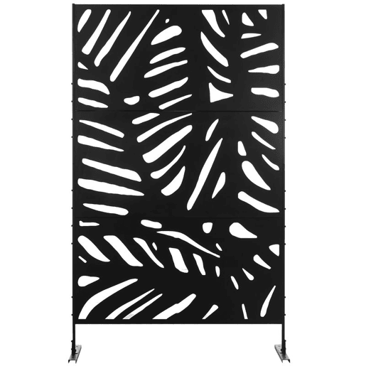 Outsunny Biombo de 3 Painéis 122x198 cm Biombo Separador de Ambientes com Suporte e Parafusos de Expansão Design de Folhas para Exterior Jardim Pátio Terraço Preto