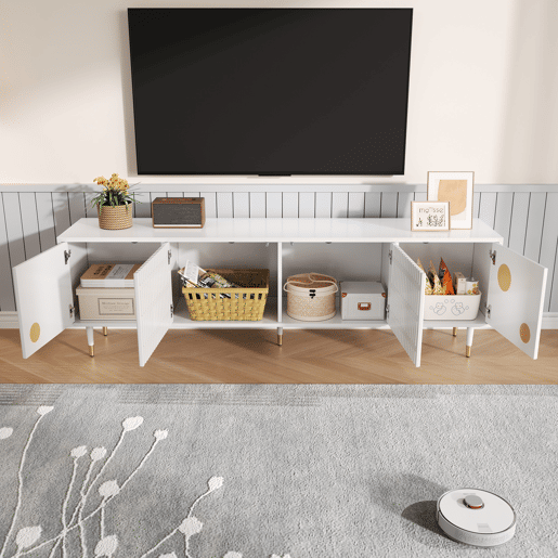 Móvel de TV 170 cm - Estrutura em grade, puxadores ocultos, decoração dourada - Branco