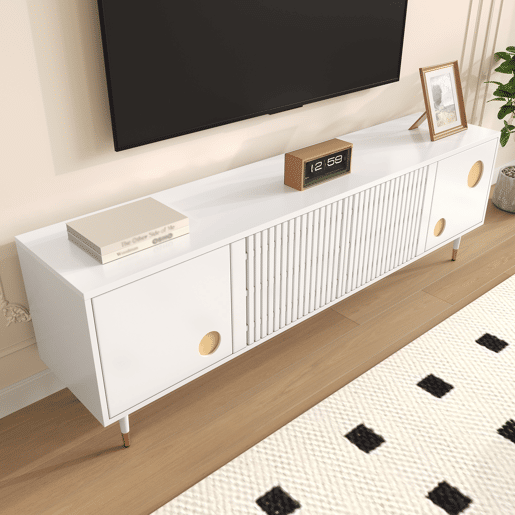 Móvel de TV 170 cm - Estrutura em grade, puxadores ocultos, decoração dourada - Branco