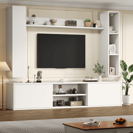 Conjunto de móveis para TV 180x35x33,5 cm - 4 prateleiras, com vitrines, suporta TVs de até 80 - Branco