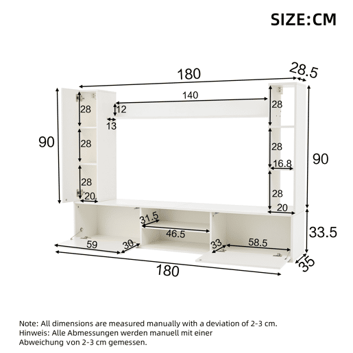 Conjunto de móveis para TV 180x35x33,5 cm - 4 prateleiras, com vitrines, suporta TVs de até 80 - Branco
