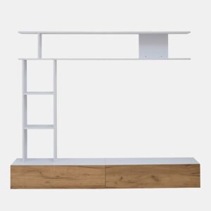 Móvel de TV 180x35x22,5 cm - Conjunto de sala com vitrines, prateleira e painel para TV - Branco + Natural