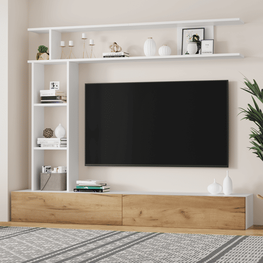 Móvel de TV 180x35x22,5 cm - Conjunto de sala com vitrines, prateleira e painel para TV - Branco + Natural