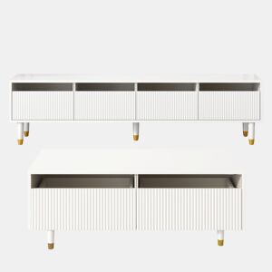 Conjunto de móveis LED - Estante de TV com 4 portas e mesa de centro com 2 gavetas - Branco com design dourado