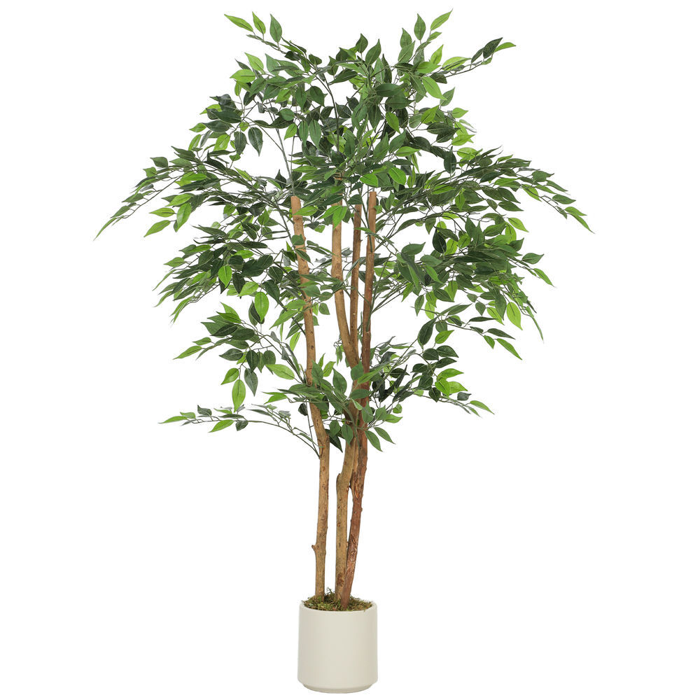Homcom ficus artificial 150 cm, con tronco natural, planta artificial realista para interior con maceta, decoración para hogar, salón, oficina, 65x65x150 cm, verde