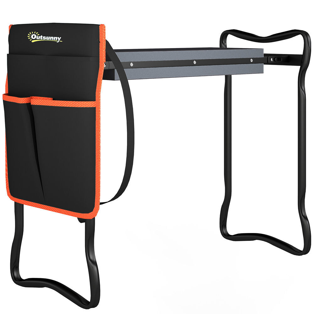Outsunny taburete de jardín plegable con almohadilla de espuma eva, asiento de jardín portátil con bolsa para herramientas en cintura, carga 150 kg, regalo para jardineros, ancianos, negro