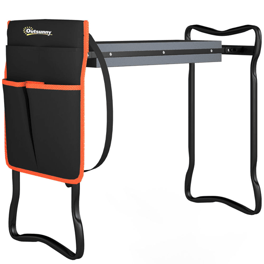 Outsunny Banco de Jardim Dobrável com Almofada de Espuma EVA Assento Portátil com Bolsa para Ferramentas na Cintura Carga 150 kg Presente para Jardineiros e Idosos, Preto