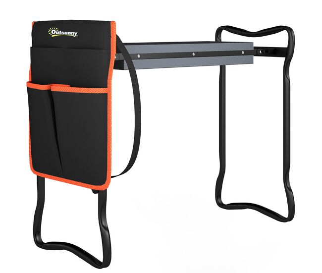 Outsunny taburete de jardín plegable con almohadilla de espuma eva, asiento de jardín portátil con bolsa para herramientas en cintura, carga 150 kg, regalo para jardineros, ancianos, negro