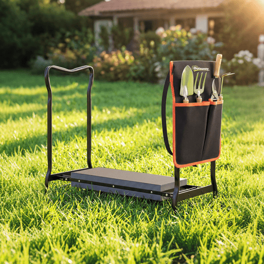 Outsunny Banco de Jardim Dobrável com Almofada de Espuma EVA Assento Portátil com Bolsa para Ferramentas na Cintura Carga 150 kg Presente para Jardineiros e Idosos, Preto