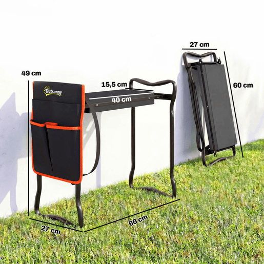 Outsunny Banco de Jardim Dobrável com Almofada de Espuma EVA Assento Portátil com Bolsa para Ferramentas na Cintura Carga 150 kg Presente para Jardineiros e Idosos, Preto
