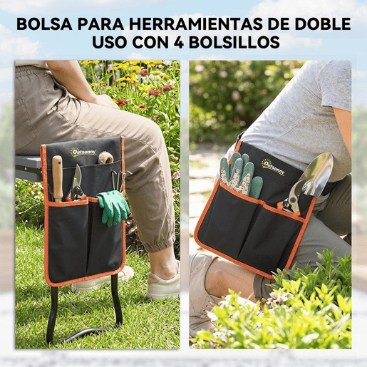 Outsunny Banco de Jardim Dobrável com Almofada de Espuma EVA Assento Portátil com Bolsa para Ferramentas na Cintura Carga 150 kg Presente para Jardineiros e Idosos, Preto