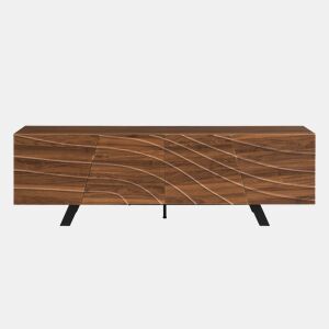Móvel de TV 160x39x50,5 cm - Lowboard com frente ondulada, grande capacidade de armazenamento, pés de ferro - Nogueira