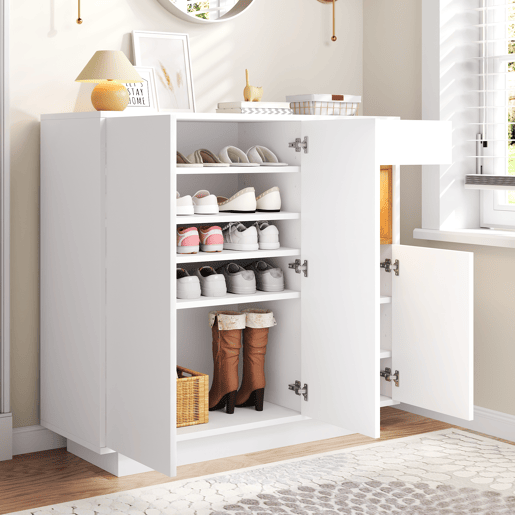 Sapateira 105x39,5x100,5 cm - Com gaveta, prateleiras ajustáveis - Branco e madeira natural